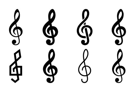 Set of 8 Treble Clef Music Symbols, Black Musical Notes Vector Icons, Graphic Elements