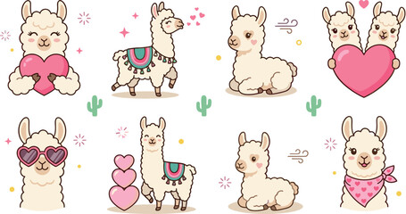 Fototapeta premium Cute Cartoon Llama Illustration Set with Heart Characters, Kawaii Alpacas, Valentine Theme, Love Symbols, and Adorable Animal Designs