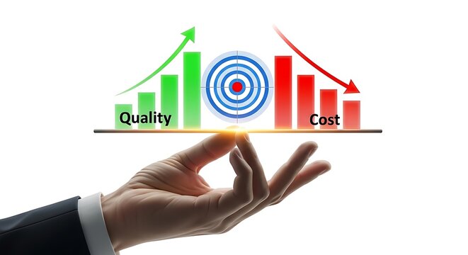 Business balance concept with quality and cost infographics, hand balancing financial charts and target icon, corporate performance and optimization