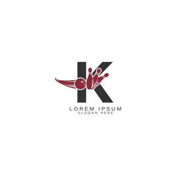Letter K Logo with a Bowling Ball and Pins. Alphabet K Icon Design for Bowling Clubs
