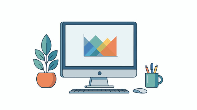 A colorful computer monitor displaying a graph with a plant and office supplies