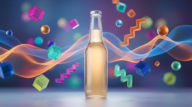 Cold beverage bottle with vibrant colorful light reflections on dark futuristic background