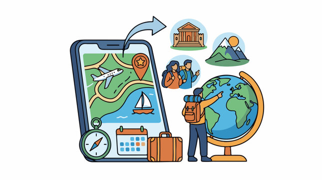 A cartoon image of a man with a backpack looking at a globe with a phone next to him showing a map
