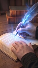 Naklejka premium Hands writing glowing magical runes in ancient book with quill. Fantasy concept of wizard or scholar recording spells in library.