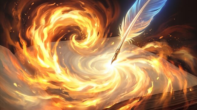 Feather quill pen writing on glowing parchment paper with swirling fire and magical energy. Creative storytelling and fantasy literature concept.