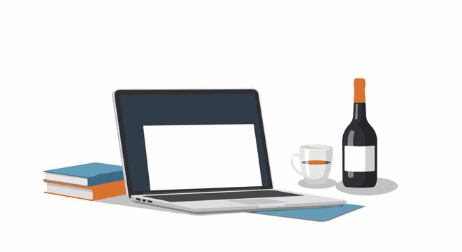 A laptop with a blank screen surrounded by books, coffee cup and wine