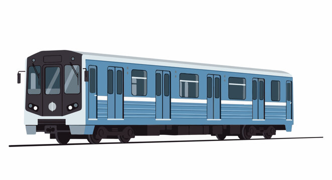 A blue and white train car with black accents on a track