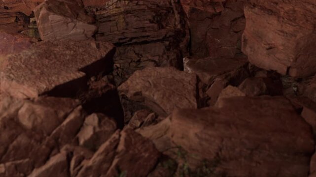 Rocks and stones surround a small area with water. Plants and leaves grow around the stones. It appears to be evening with soft light reflecting off the rocks.