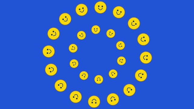 Rotating yellow emoji icons in circular patterns on blue background