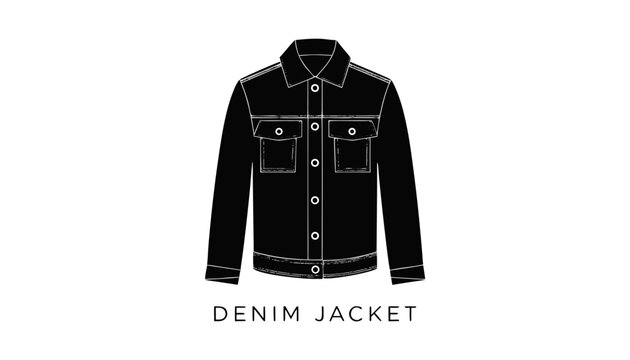 Very beautiful black and white vector illustration of a DENIM JACKET with detailed seams, chest pockets, classic silhouette, isolated on white background, with the garment name "DENIM JACKET" displaye