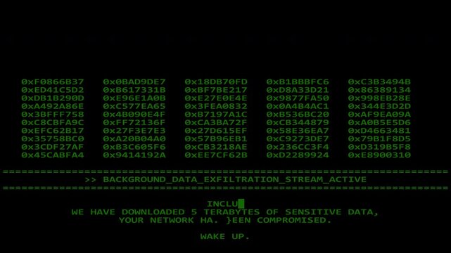 Ransomware malware illustration showing green digital code and data breach. Perfect for cybersecurity concepts and technologyrelated designs.