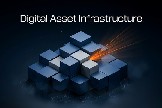 Modern Digital Asset Infrastructure Graphic Displaying Modular Cube Blocks Network Stacking Structure With Laser Light Orange Rays Graphic Typography Concept
