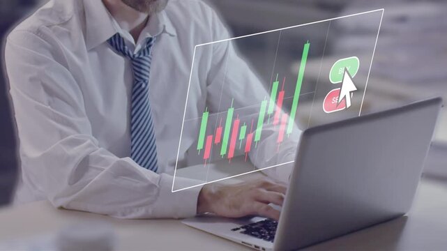 Successful Businessman Boosting Stock Gains with Strategic Trades. A businessman actively trading stocks sees positive results as market candles rise.