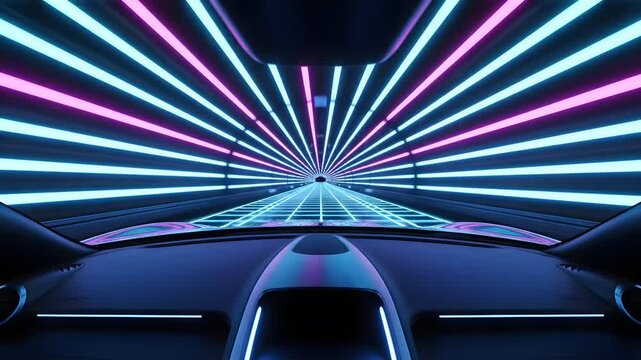 Driving through neon-lit tunnel at night