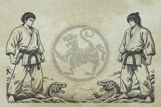 Certificate, diplom karate, martial arts with frame. Old vintage grunge paper texture background poster art design. Traditional Japan martial fighting arts aikido, judo, taekwon-do, hapkido.