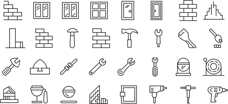 Set of construction tools icons, building materials outline,
