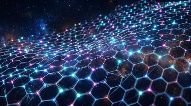 Hexagonal grid network with glowing nodes against a cosmic background a futuristic digital illustration pattern honeycomb structure mesh