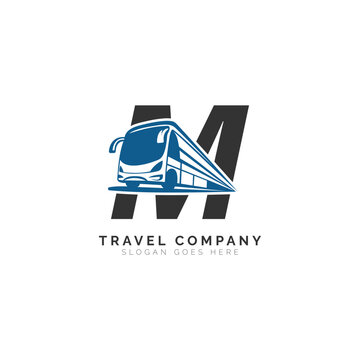 Letter M logo with bus illustration. Alphabet M Icon travel, and transport Design