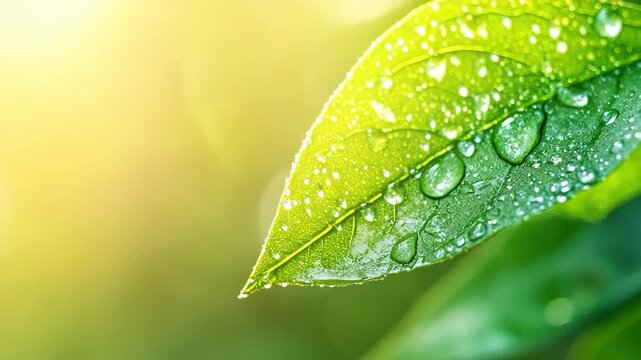 Water drops rest on green leaves in a garden early in the morning. Sunlight shines through the leaves, creating a bright atmosphere. Nature shows its beauty in simple moments