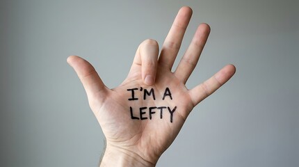 Left handed person showing hand with I'm a lefty message written on palm on Left Handers Day