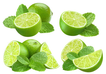 Obraz premium Set of fresh limes with mint leaves, isolated on transparent cutout background