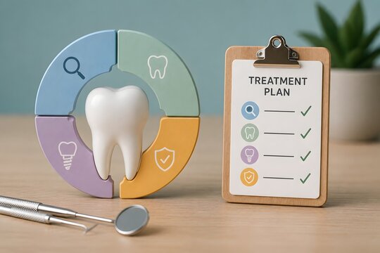 Dental treatment plan with tooth graphic and checklist for the concept of oral health and dental care.