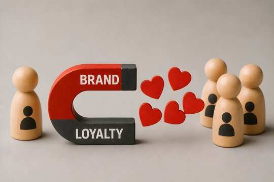 A horseshoe magnet attracts wooden people figures with heart icons symbolizing brand loyalty and customer engagement.