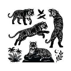Tiger action poses with tropical palm trees and flying birds graphic icons.