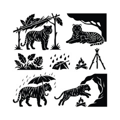 Tiger family and jungle scenes under rain and shelter illustrations. © ADURI