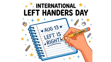 International Left Handers Day illustration with hand holding pencil and notebook