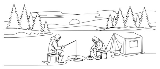 Ice fishing scene with fishermen and winter camping tent in continuous line art style © Alicja