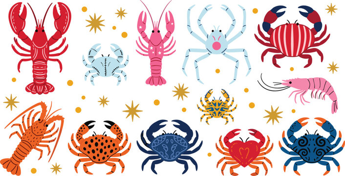 Marine Crustacean Vector Illustration Set Featuring Colorful Lobsters Crabs Shrimp and Prawn Elements with Decorative Native Textures for Seafood Restaurant Designs