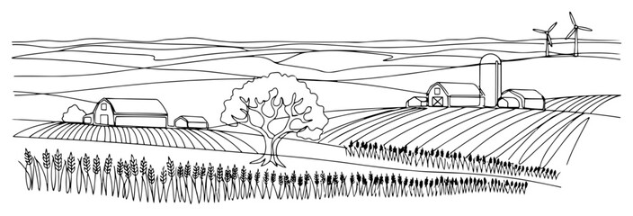 Farm landscape with wheat fields and barns in continuous line art style © Alicja