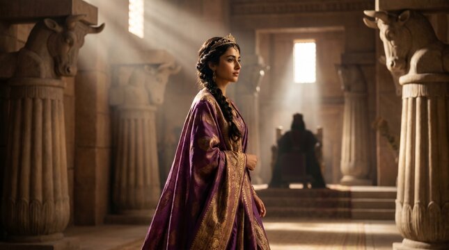 Queen Esther in the ancient Persian palace of Susa, biblical hero of faith and the story of Purim, cinematic historical realism