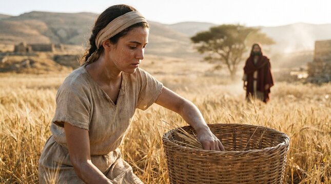 Biblical Ruth Gleaning Barley in the Field of Boaz: Ancient Israelite Harvest, Book of Ruth Illustration for Shavuot and Pentecost.