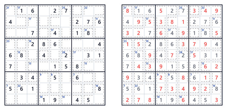 Killer Sudoku puzzle with answers displayed on a grid, featuring numbers in black and red, designed for hard level difficulty, suitable for printing and solving