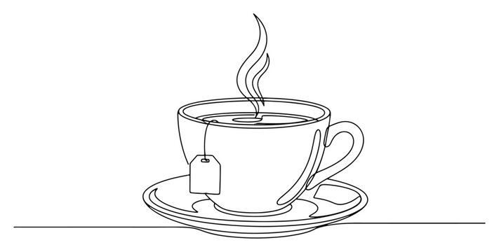 Hot tea cup on saucer with teabag and steam in minimalist continuous line art style