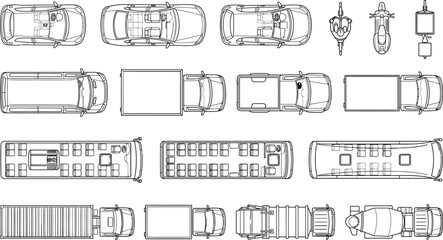 Architectural CAD vehicle block set in top view. Black and white vector transportation symbols including cars, trucks, buses, vans, and motorcycles for site planning, parking layouts, and urban desigN © ProPixel Studio