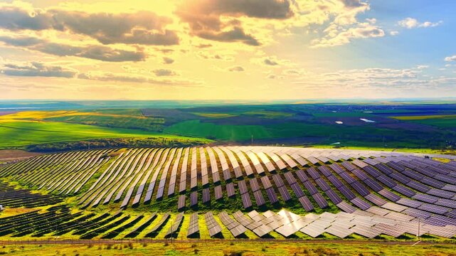 Solar panel system on rolling green pasture. Wide drone view with curved rows under a golden twilight sky with soft cloud layers.