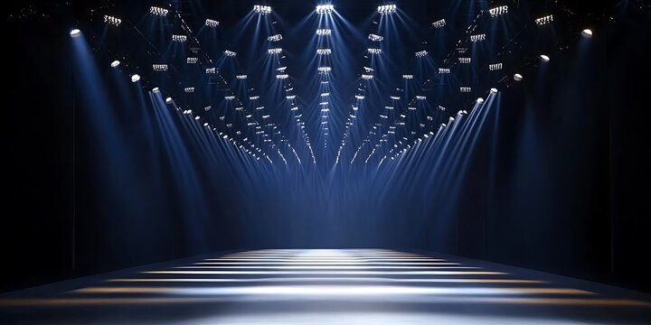 Fashion show runway with dramatic blue spotlight effect and empty stage for presentation.