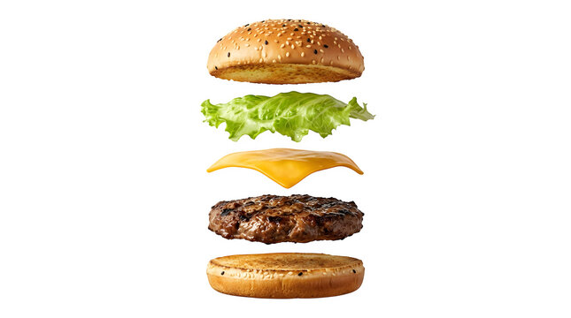 Floating hamburger ingredients on PNG background
