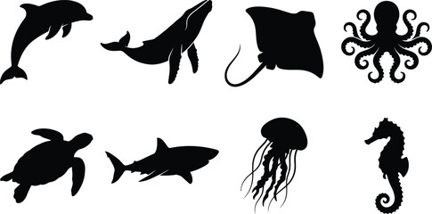 Marine Animal Silhouette Collection Featuring Dolphin Whale Shark Turtle and Octopus © MstMinara