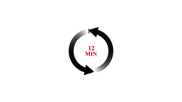 A motion graphic of a rotating countdown timer for 12 minutes in black and white.