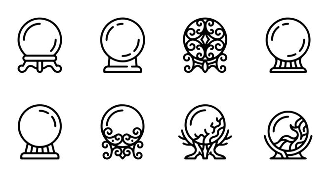 Crystal Ball Icons Set, Fortune Telling Orbs, Mystical Prediction Symbols, Psychic Vision Graphics