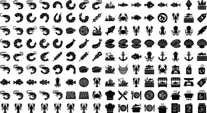 Seafood icons set with shrimp crab lobster fish shells restaurant market vector silhouettes isolated on white background