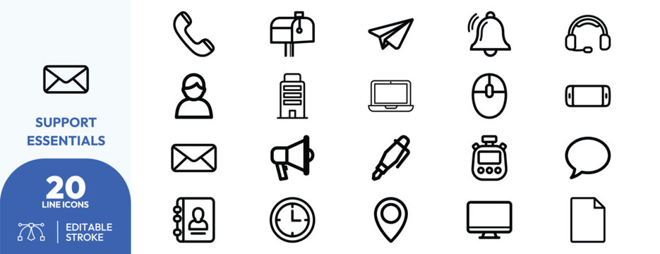 Support Essentials icon set. Helpdesk, communication, customer service, call center, and more. Editable stroke. Vector illustration.