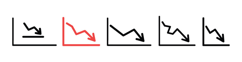 Negative trend arrow icon set with line chart down symbols representing drop in performance, cost decrease, and declining market analytics. © MD. ARIF ISLAM