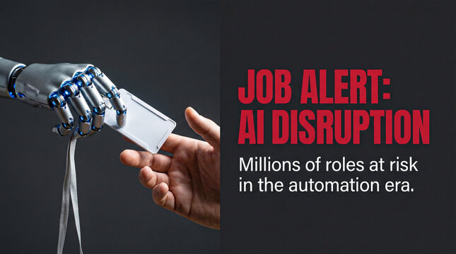 AI disruption job alert concept, robotic hand taking employee ID badge from human worker, automation era employment risk and labor market shift