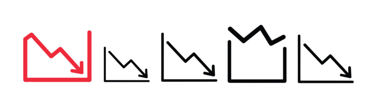 Arrow trend-down line icon set featuring thin stroke symbols for negative growth, cost reduction, and downward analytics trends in UI design.