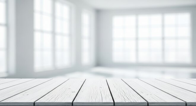 Empty White Wooden Table Top with Blurred Bright Interior Window Background for Product Mockup and Display